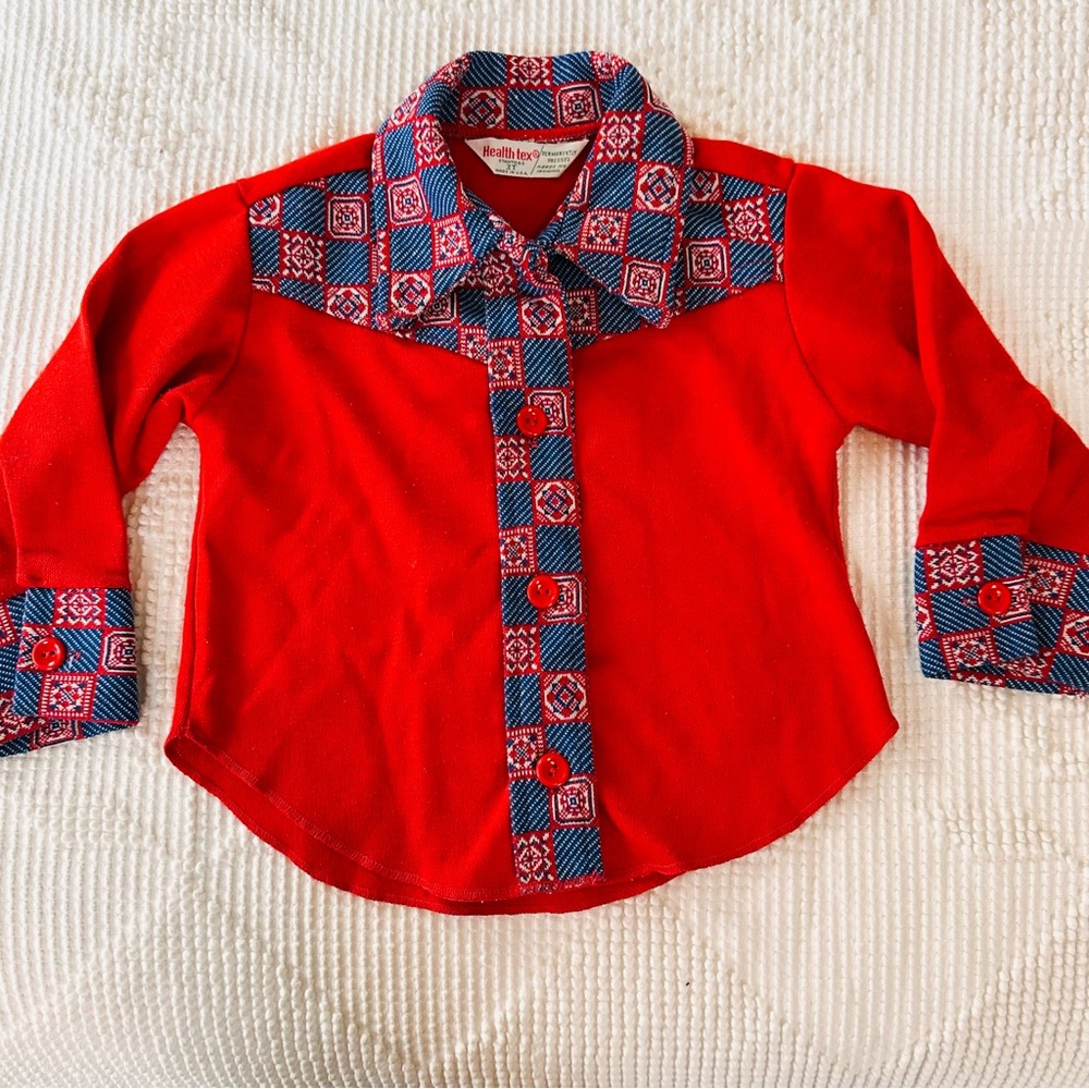 healthtex Red Button Down Shirt with Navy Blue Geometric Pattern Made in USA